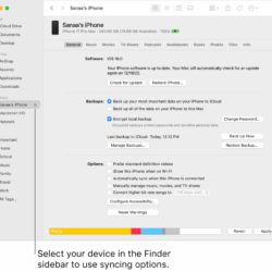 A device selected in the Finder sidebar and syncing options appearing in the window.